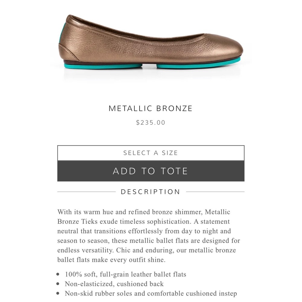 Tieks by Gavrieli Metallic Bronze Leather Ballet Flats Size 8 Teal Split Sole